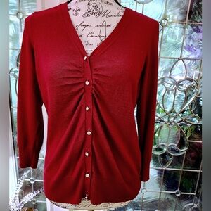 Talbots RARE Claret Red Rhinestone Button Cotton/Wool Blend Cardigan M